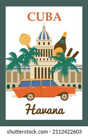 Cartel o postal de La Habana, Cuba. Coche retro y edificio del Capitolio nacional emblemático en el fondo, maracas, palmeras y puros sobre fondo blanco. Ilustración vectorial plana.