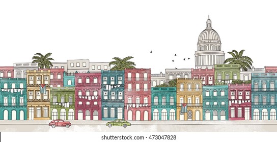 Havana, Cuba - seamless banner of the city's skyline, hand drawn and digitally colored ink illustration