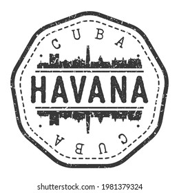 La Habana, Cuba Stamp Skyline Postmark. Pasaporte postal de Silhouette. Icono de vector de redondeo de ciudad. Diseño de rehenes vintage.