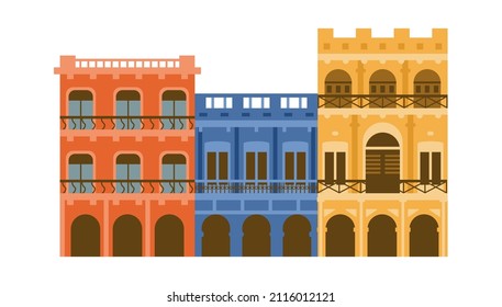 Havana Cuba street colorful colonial buildings, flat cartoon vector illustration isolated on white background. Cuban architecture tourist landmark, cityscape element.