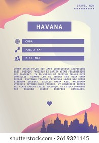 Havana, Cuba vector infographics, brochure layout. Guide, leaflet, flyer, advertising graphic template with text, information, city skyline shape. Page, festival, cover mock up image
