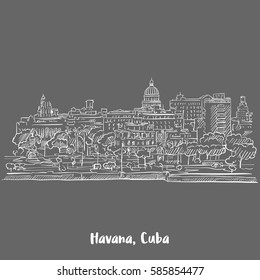 Havana, Cuba White on Grey, Hand-drawn Vector Outline Sketch