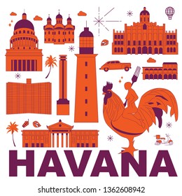 Havana culture travel set, famous architectures and specialties in flat design. Business travel and tourism concept clipart. Image for presentation, banner, website, advert, flyer, roadmap, icons