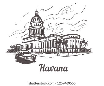 Havana hand drawn sketch vector illustration.Capitol of Havana, isolated on white background.