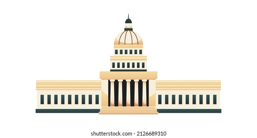 Havana national capitol building facade in flat style, vector illustration isolated on white background. El capitolio exterior with columns, concept of traveling to Cuba.