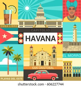 Havana poster concept. Vector illustration of Cuban culture and attractions, including retro car, portrait of Cuban Woman, Cathedral and National Capitol Building in trendy flat style.