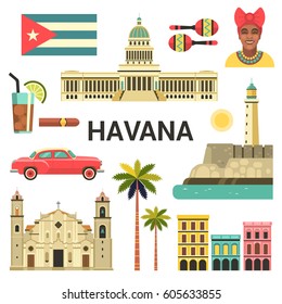 Havana poster. Vector icons collection of Cuban culture and attractions, including retro car, portrait of Cuban Woman, Cathedral and National Capitol Building in trendy flat style.