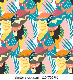 Havana Primitive Seamless Contemporary Pattern. Dominican  Flowers, Exotic Fruits, Leaf And Woman In Modern Vector Background.