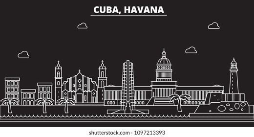 Havana silhouette skyline. Cuba - Havana vector city, cuban linear architecture, buildings. Havana travel illustration, outline landmarks. Cuba flat icons, cuban line banner