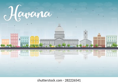 Havana Skyline with Color Building and Blue Sky. Vector Illustration. Business travel and tourism concept with place for text. Image for presentation, banner, placard and web site.