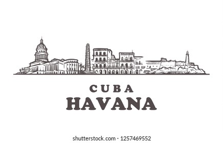 Havana skyline,Cuba vintage vector illustration, hand drawn buildings