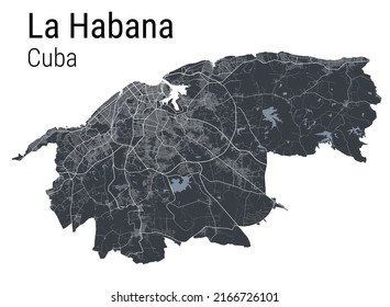 Mapa vectorial de La Habana. Mapa vectorial detallado del área administrativa de la ciudad de La Habana. Vista de la aria metropolitana de Cityscape poster. Tierra negra con caminos blancos y avenidas. Fondo blanco.