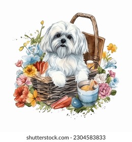 Havanese Dog in Picnic Basket with Flowers Watercolor Vector Illustration