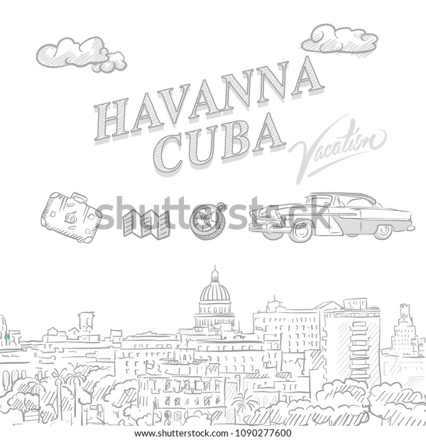 Havanna, Cuba, travel marketing cover, set of\
hand drawn a vector\
sketches