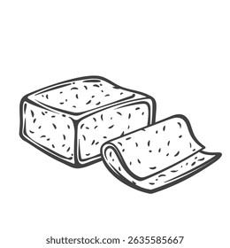 Bloco de queijo Havarti com textura pontilhada e fatia em estilo de doodle gravado. Alimentos láteos semimole desenhados à mão. Ilustração vetorial para rótulo, menu ou embalagem.