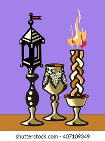 Havdalah set.Silver kiddush wine cup,gold color spice box,braided lit candle.Jewish religious ritual after end of Sabbath.Spice container,traditional tower shape,bell and flag.