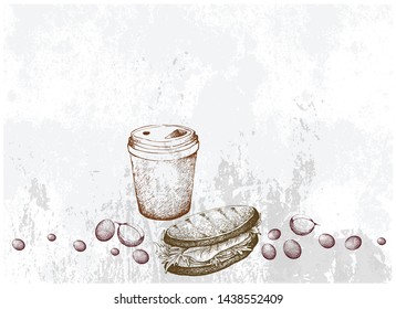 Have A Beautiful Day with Coffee, Illustration Hand Drawn Sketch of Takeaway Coffee in A Disposable Cup with Grilled Sandwich.