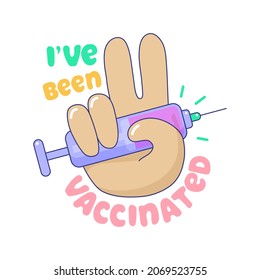 I have been vaccinated, hand showing victory sign. Injection, prevention of virus spread, immunization, treatment. Fighting against Coronavirus pandemic concept cartoon vector illustration
