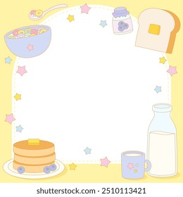 let’s have bread jam pancake and cereal for breakfast theme frame, vector illustration