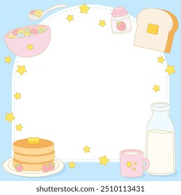 let’s have bread jam pancake and cereal for breakfast theme frame, vector illustration