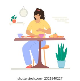 Have breakfast at home - colorful flat design style illustration with linear elements. Composition with girl sitting at table, drinking tea, eating scrambled eggs and fruit. Food and nutrition idea