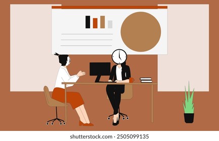 I have created a female boss character who is having a meeting with her employees.