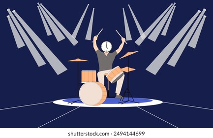 I have created a male character who is playing drums on stage.