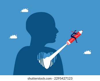 Have a creative mind or idea and develop it out of the box. Businessman flies with a pencil escapes from prison