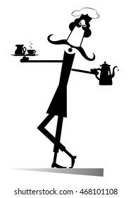Have a cup of coffee or tea. Comic cook holds a tray with cup and cream and a pot in his hand 

