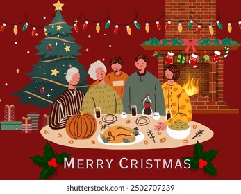 have dinner together in a Christmas celebration atmosphere with a bonfire, Christmas tree and gathering with family, with a red background and the words Merry Christmas.