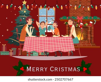 have dinner together in a Christmas celebration atmosphere with a bonfire, Christmas tree and gathering with family, with a red background and the words Merry Christmas.