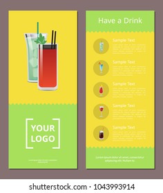 Have a drink advertisement poster design with alcohol drinks with straws, bloody mary, menu list of beverages with place for your logo design