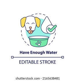 Have enough water concept icon. Bring water bowl for dog. Road trip with pets advice abstract idea thin line illustration. Isolated outline drawing. Editable stroke. Arial, Myriad Pro-Bold fonts used