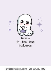 Have a faboolous halloween. Creative Halloween party invitation, flyer, poster, book cover, card template with witch cute ghost. Vector hand drawn illustration.