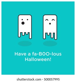 Have A Fa-BOO-lous Halloween! Smiling Happy Ghost Pun (Line Art Vector Illustration in Flat Style Design)