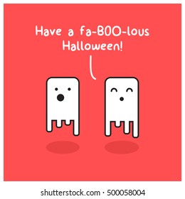 Have A Fa-BOO-lous Halloween! Smiling Happy Ghost Pun (Line Art Vector Illustration in Flat Style Design)