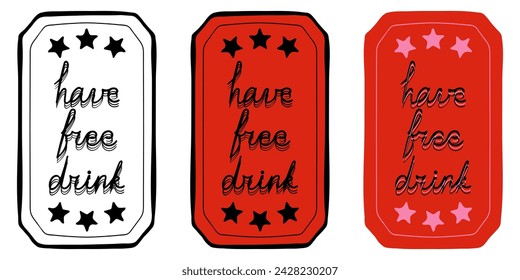 Have a free drink. Coupon, check, reservation, guarantee, transport, travel card, plane, bus, public, buy in advance, book, ticket, pass, colorful, black and white, stars, special event. Vector