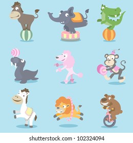 Have fun with element circus animals: donkey, elephant, crocodile, seal, poodle, monkey, horse, lion, bear