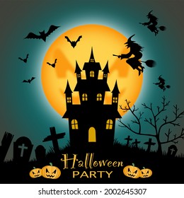 Have a fun Halloween party with witches, haunted houses, bats, owls, haunted trees, tombstones and pumpkin demons on a full moon night.