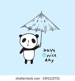 Have a good day. Cute panda with umbrella. Hand drawn illustration for your design. Blue background. Vector.