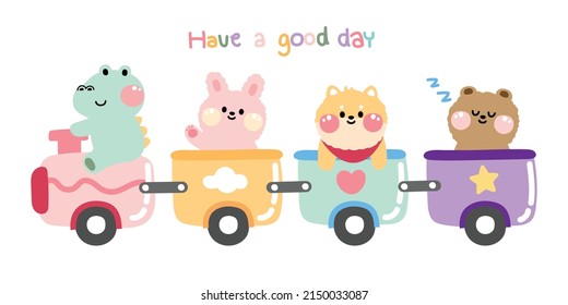 Ten un buen día de texto. Animales pequeños sentados en el tren. Cocodrilo, conejo, perro shiba inu, dibujen a mano dibujos de dibujos animados. Kawaii.Vector.Ilustración.