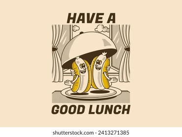 Have a good lunch. Mascot character illustration of two hot dog on the plate with happy face