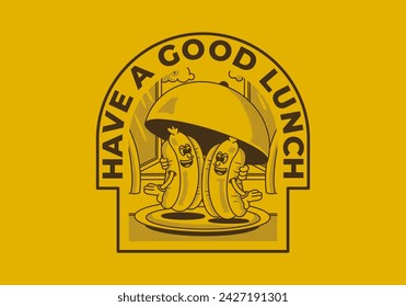 Have a good lunch. Mascot character illustration of two hot dog on the plate with happy face