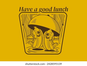 Have a good lunch. Mascot character illustration of two hot dog on the plate with happy face