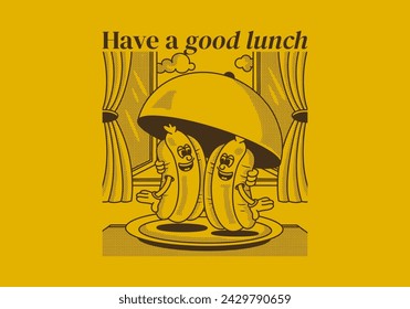 Have a good lunch. Mascot character illustration of two hot dog on the plate with happy face