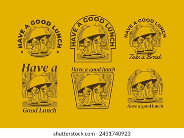 Have a good lunch. Mascot character illustration of two hot dog on the plate with happy face