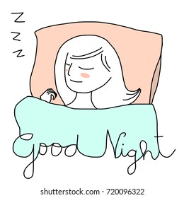 Have a good night concept with cute woman sleeping peacefully in a comfortable bed. Word - Good Night inscribed on her duvet. Vector illustration with hand-drawn style.