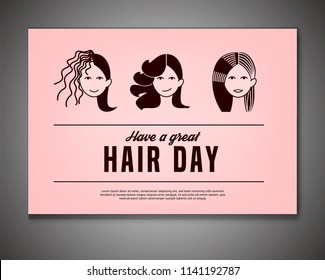 Have a great hair day. Landscape poster with woman faces in light pink and brown colors. Editable vector illustration. Beauty, fashion and lifestyle creative concept.