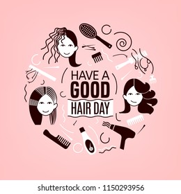 Have a great hair day. Square poster with woman faces in light pink and brown colors. Editable vector illustration. Beauty, fashion and lifestyle creative concept.