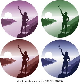 Have a great weekend, woman and bird set of vector illustrations on the background of the ocean. Nice view of travel theme, mountains, sun and sea